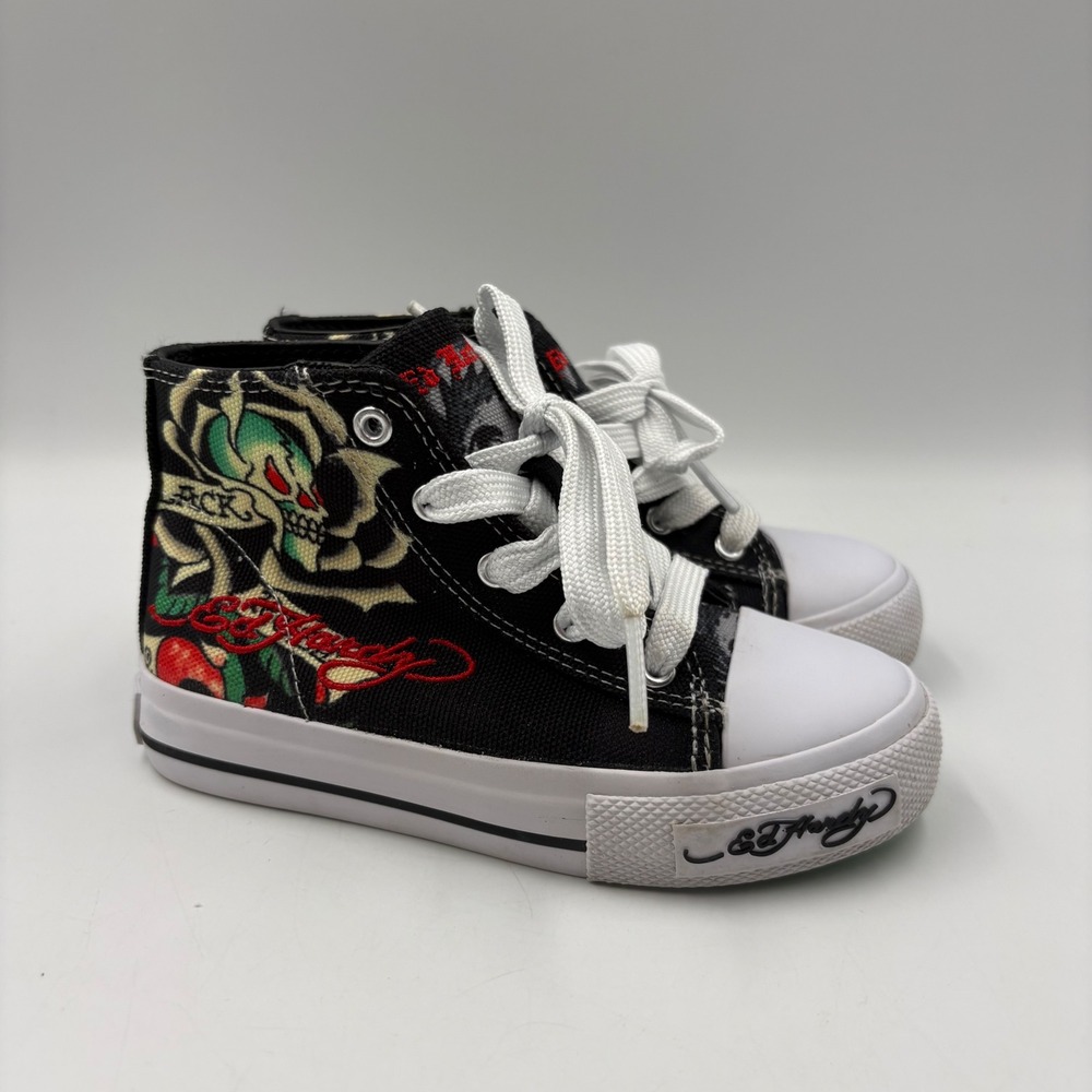 Ed Hardy‎ High Top Sneakers Kids Size 11 Black Rose Skull Tattoo Graphic Good